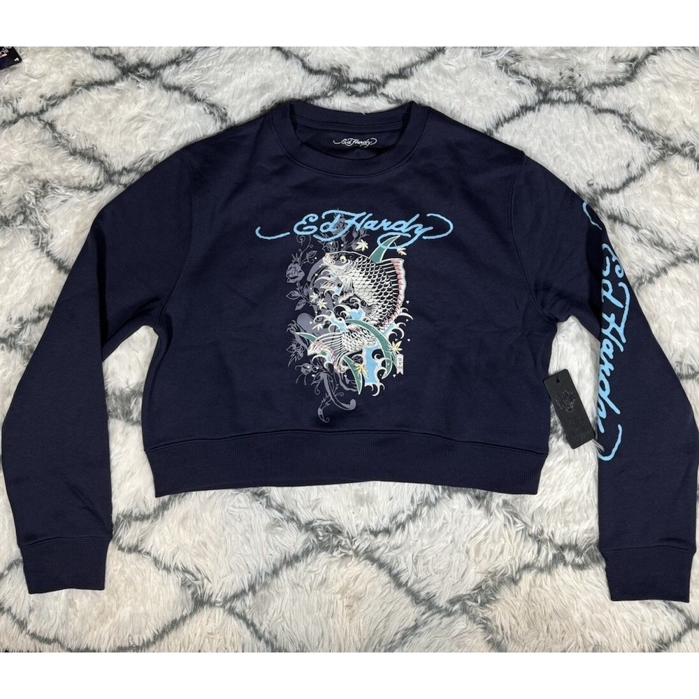 ED HARDY Koi Fish Cropped Pullover Sweater Fleece Navy Eclipse Women's XL *NEW*